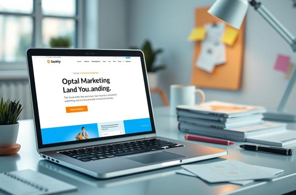 Espaço de trabalho mostrando uma landing page otimizada no laptop.