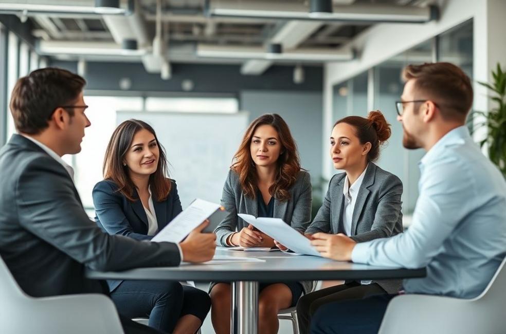 Imagem de um grupo de advogados discutindo estratégias em um espaço de trabalho colaborativo.