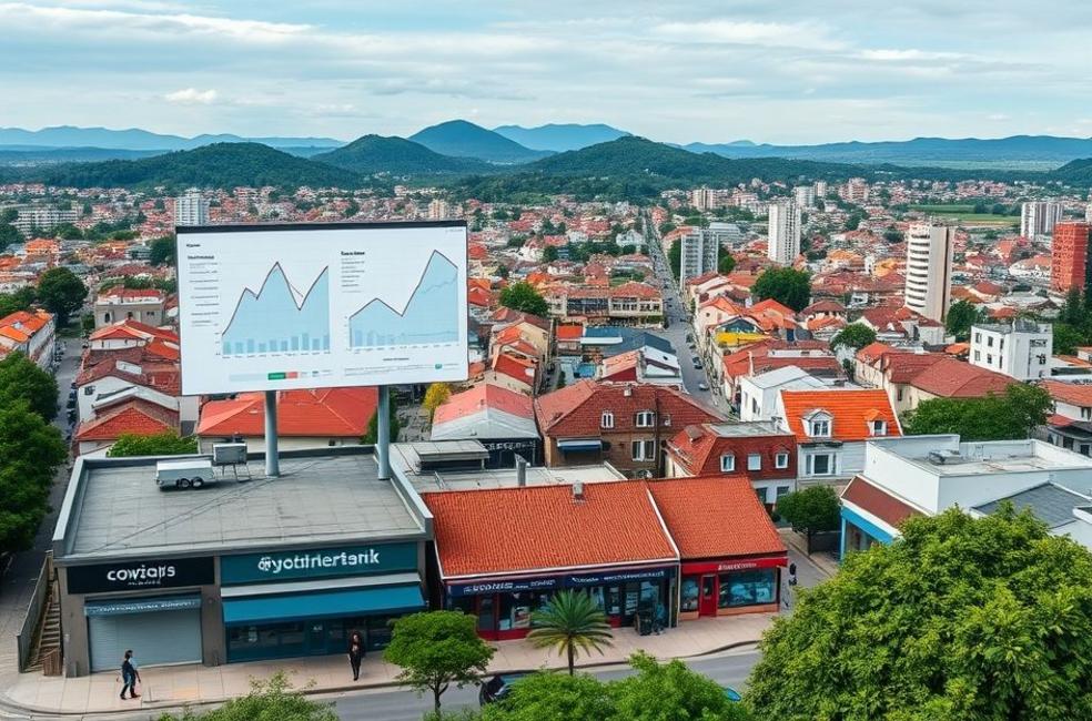 Vista da cidade de Blumenau com foco em pequenas empresas.