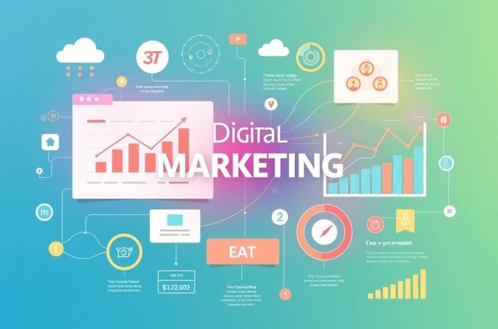 Ilustração representando estratégias de marketing digital e consultoria.