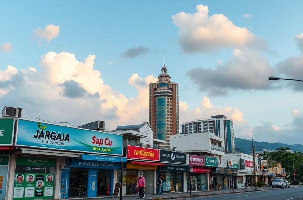 Vista panorâmica de Jaraguá do Sul com ênfase em pequenos negócios e suas presenças digitais.