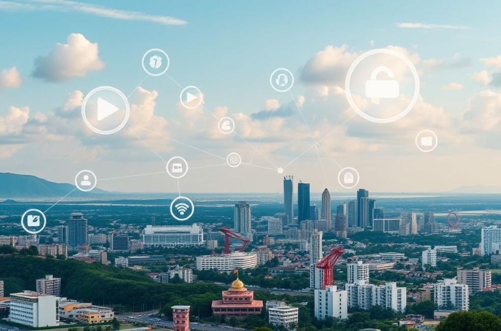 Vista da cidade de Jaraguá do Sul com símbolos de marketing digital.