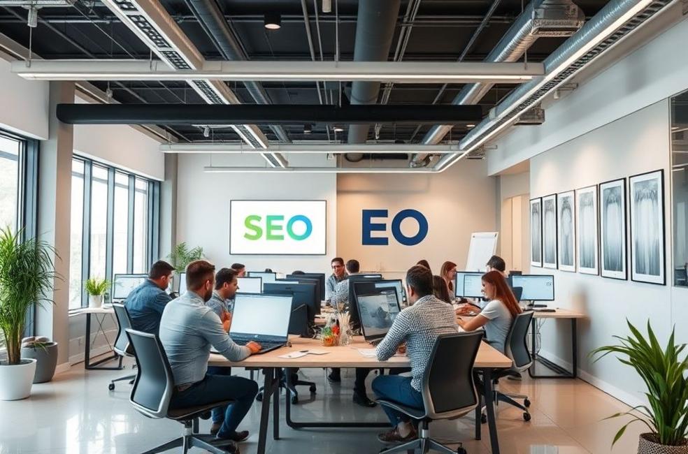 Ambiente de escritório profissional em Jundiaí, com equipe trabalhando em estratégias de SEO.