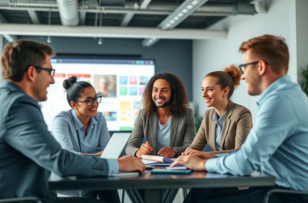 Um grupo de pessoas discutindo estratégias de marketing digital.