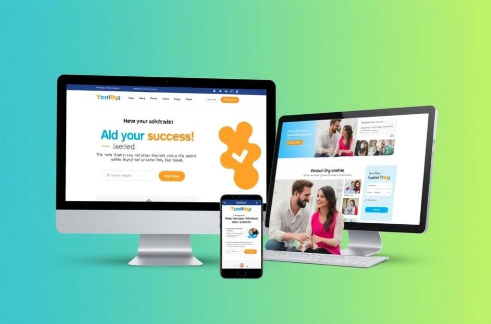 Clientes felizes interagindo com uma landing page em vários dispositivos.