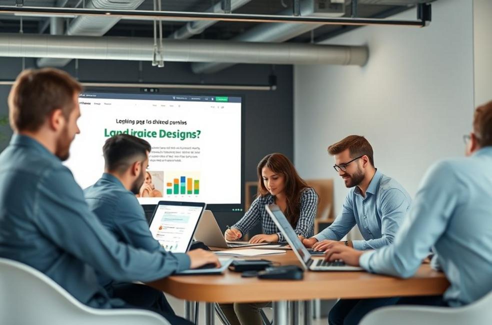 Equipe de marketing criando landing pages em um ambiente profissional.