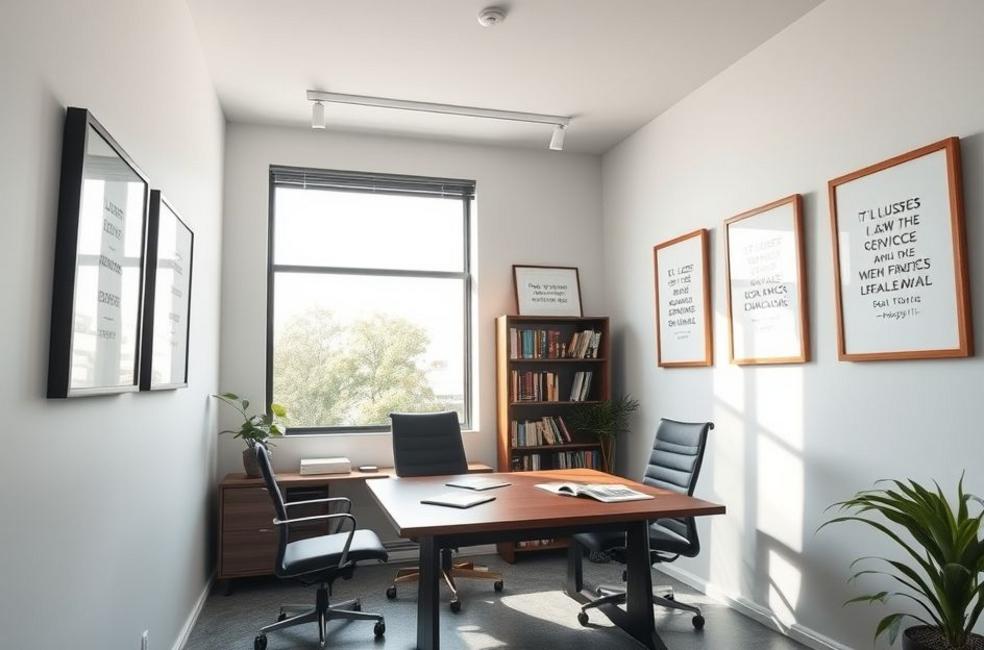 Interior de um escritório de advocacia em Campinas, mostrando ambiente profissional.