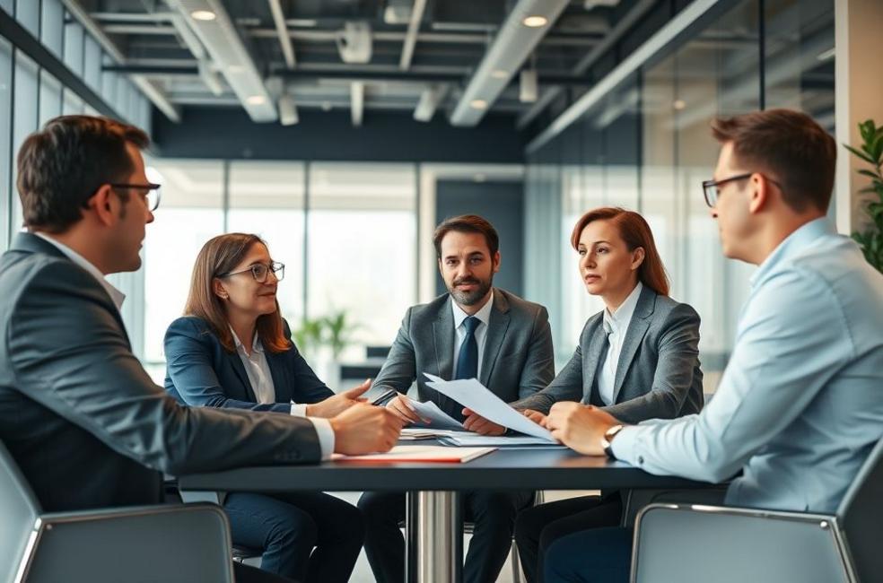 Advogados discutindo estratégias em um ambiente de escritório moderno.