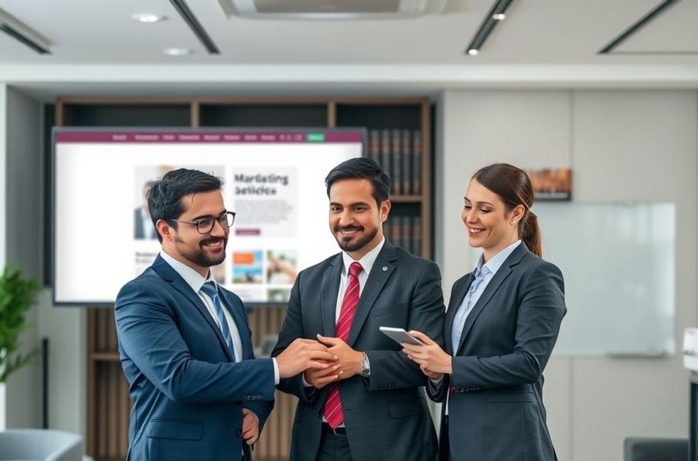 Colaboração em equipe em um escritório de advocacia em Chapecó, focada em marketing digital.