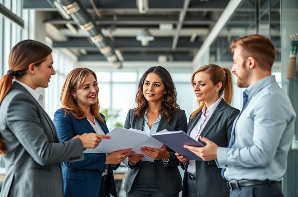 Equipe de advogados discutindo estratégias de marketing em um ambiente moderno.