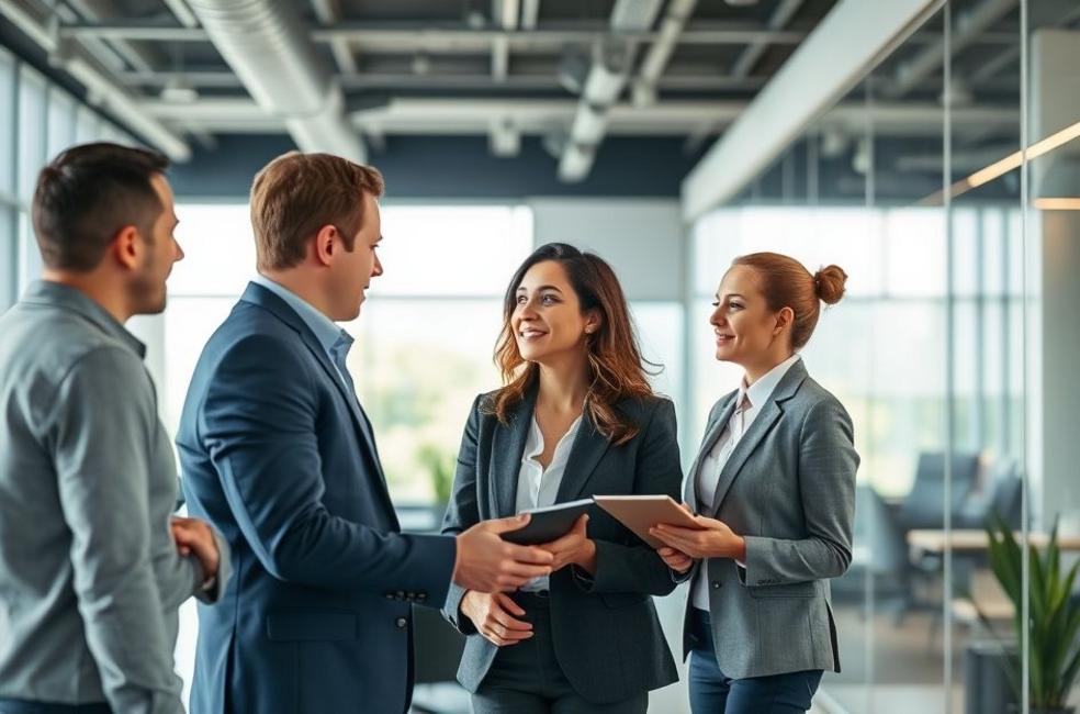 Um advogado em Baurú interagindo com clientes, mostrando a importância do atendimento personalizado.