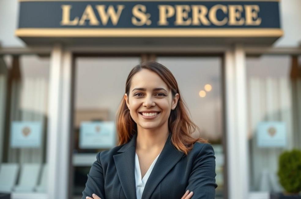 Advogado profissional em frente ao escritório com sorriso acolhedor.