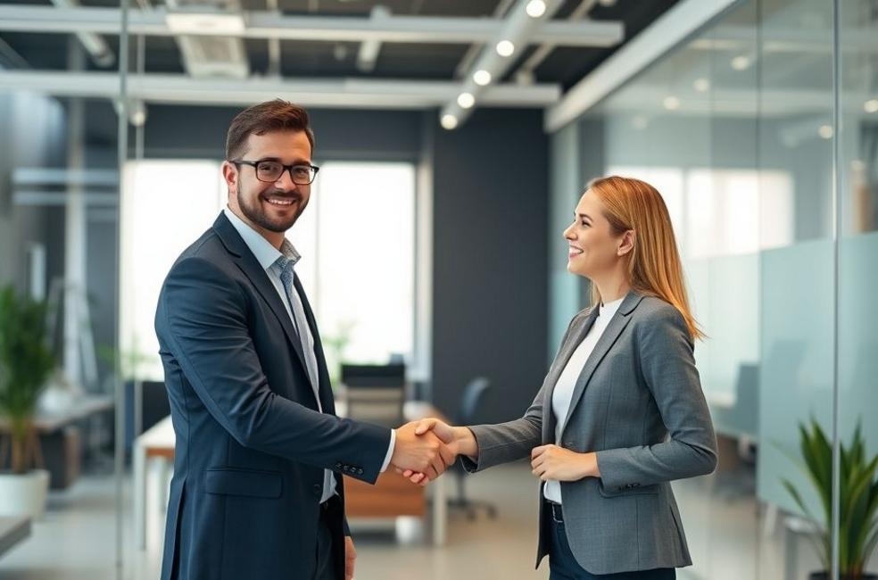 Advogado e cliente se cumprimentando em um ambiente de escritório.