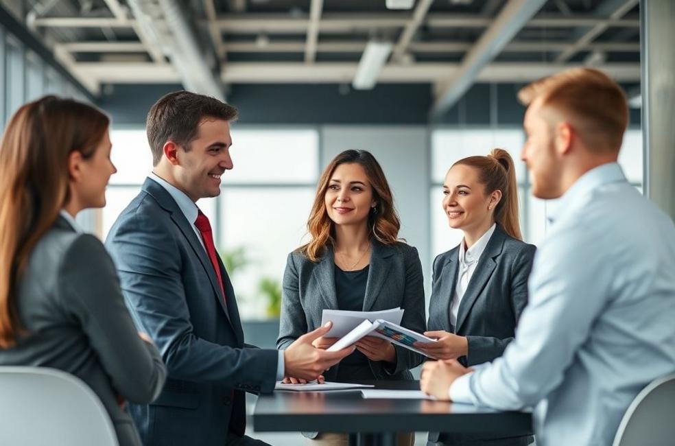 Advogado em consulta com um grupo de clientes em um ambiente profissional.