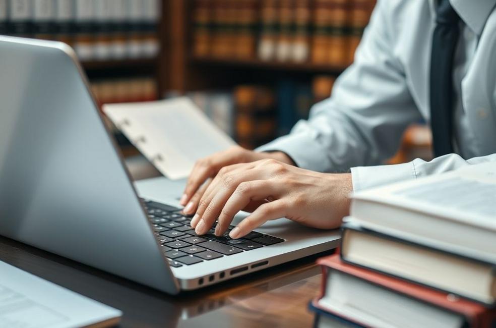 Advogado trabalhando em um laptop com livros jurídicos ao fundo.