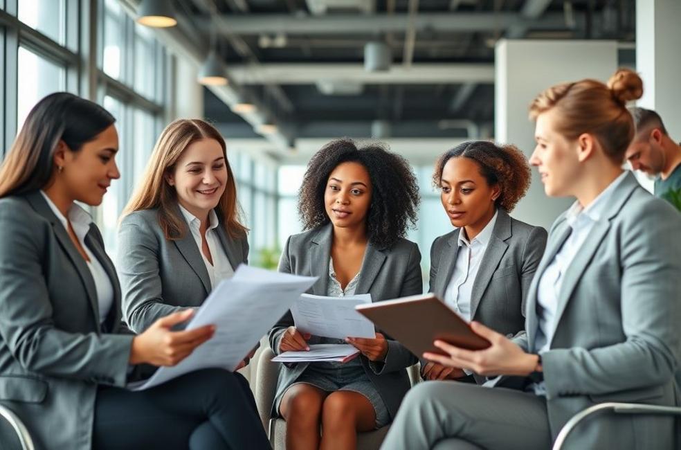 Grupo de advogados reunidos em um escritório, discutindo estratégias de marketing jurídico.