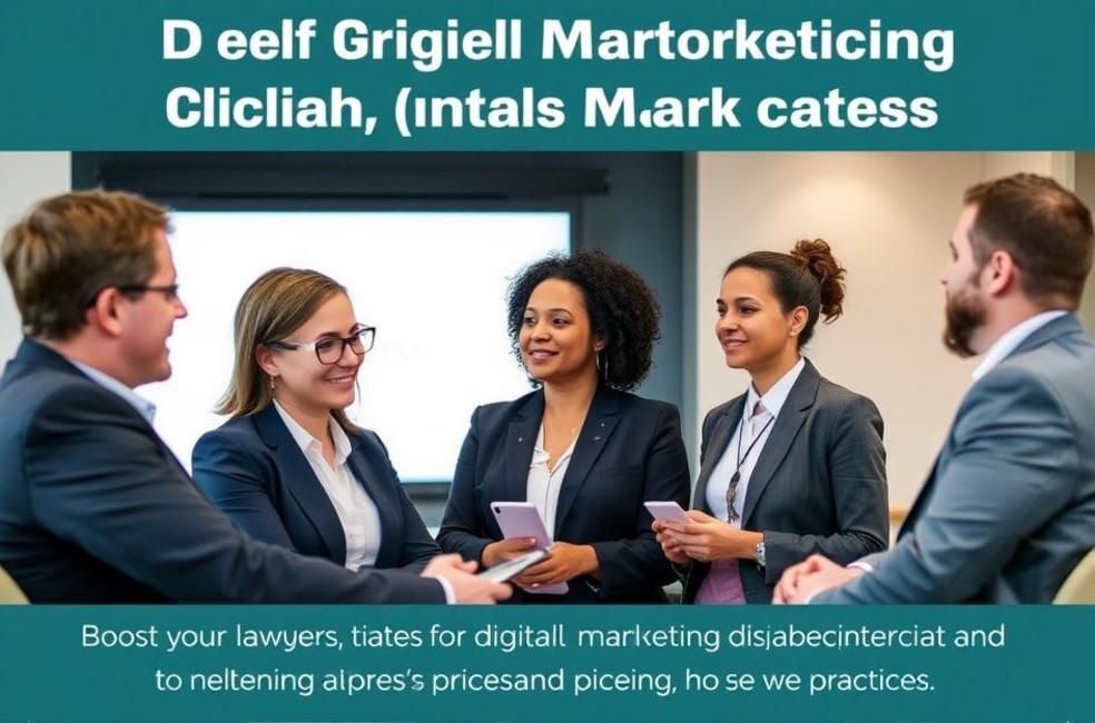 Grupo diverso de advogados em seminário sobre marketing digital.