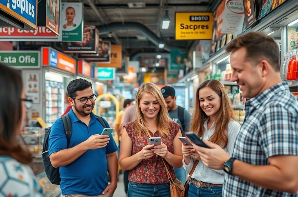 Empresas locais em Contagem com clientes interagindo com anúncios digitais.