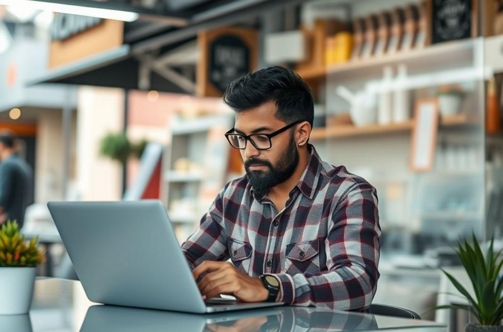 Dono de um negócio local em Franca planejando estratégia de marketing.
