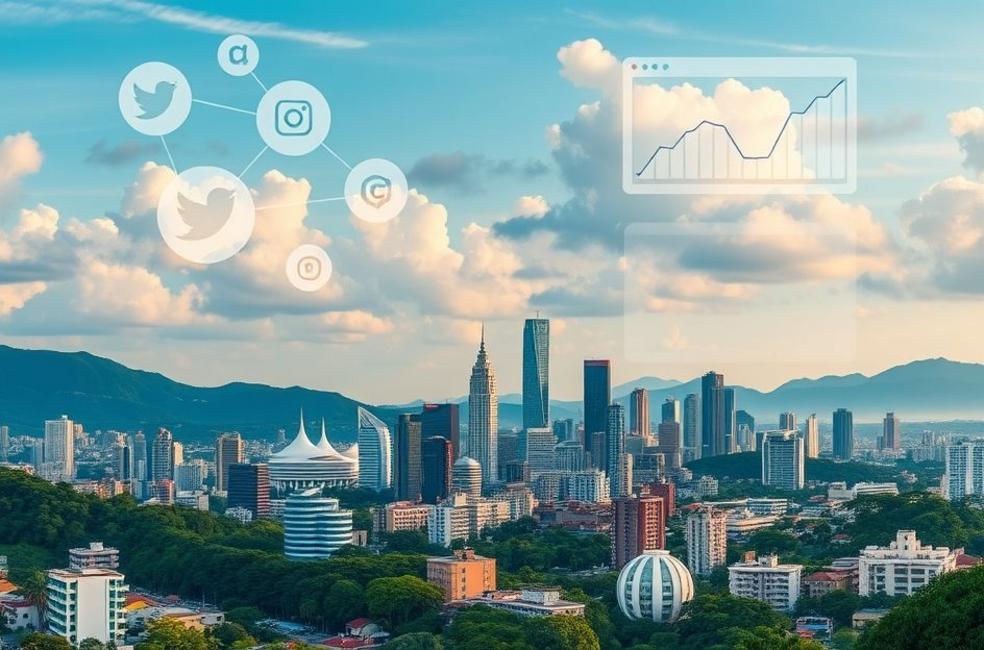 Vista da cidade de Curitiba com elementos de marketing digital.