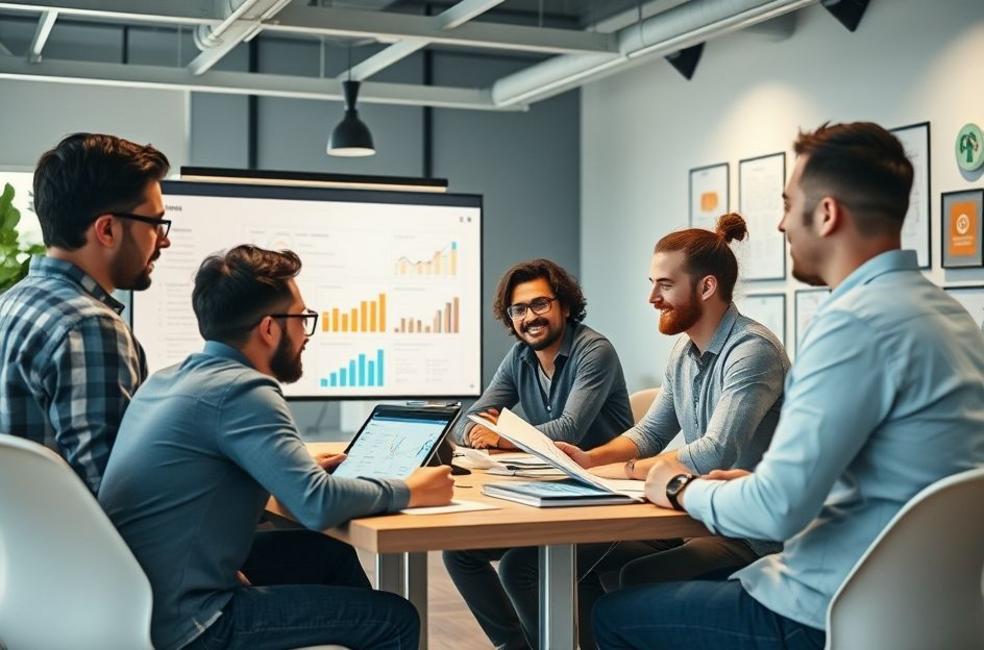 Profissionais de marketing digital discutindo estratégias para anúncios no YouTube.