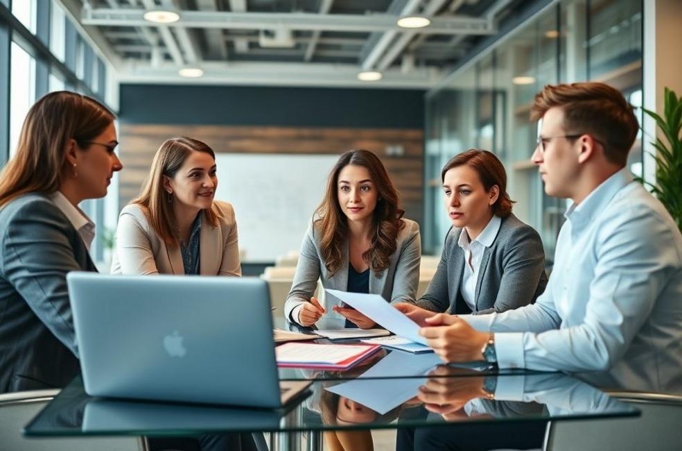 Ambiente de escritório jurídico durante reunião de marketing