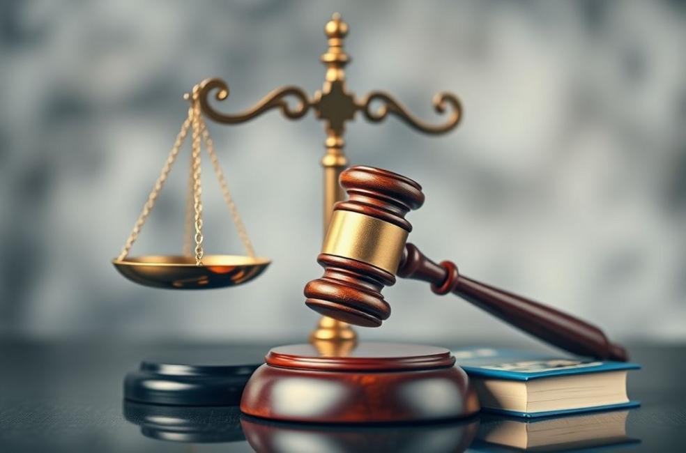 Representação visual do marketing jurídico, integrando simbolismos da profissão e do digital.