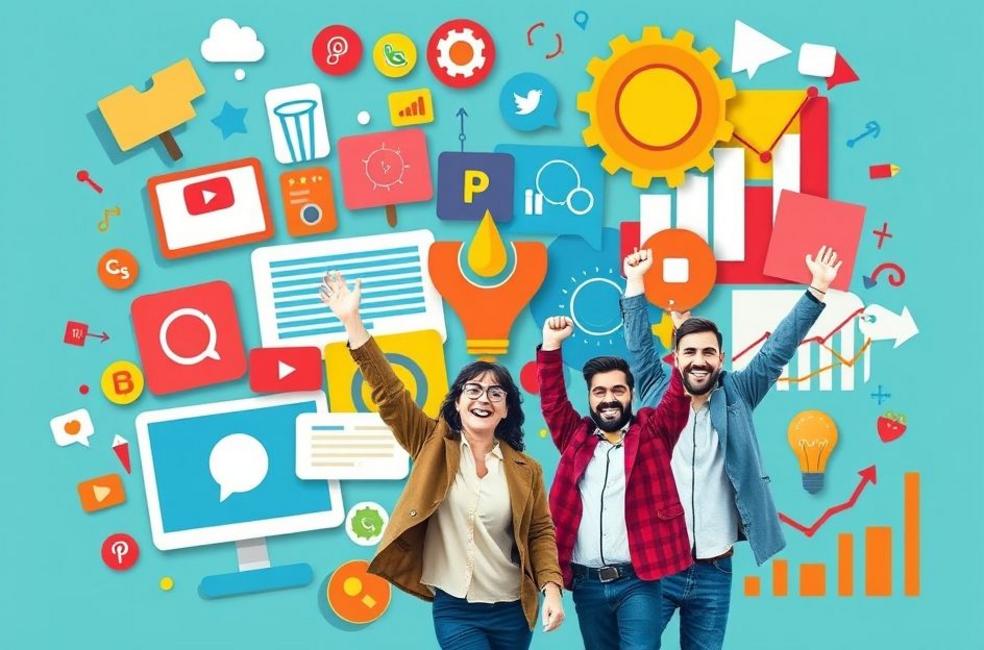 Colagem vibrante representando o sucesso do marketing digital.