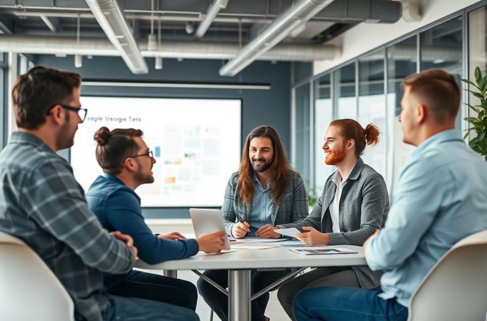 Equipe de marketing discutindo estratégias para landing pages