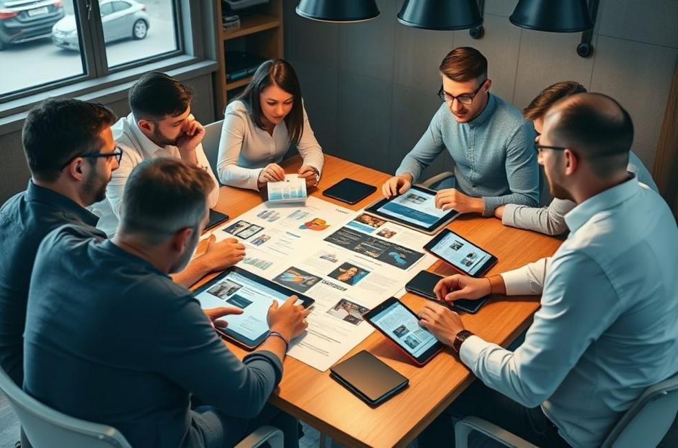 Grupo diversificado de profissionais de marketing trabalhando em equipe.