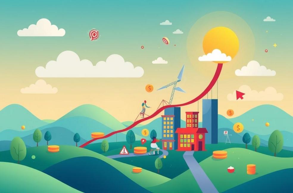 Cenário digital vibrante representando o crescimento nos negócios por meio de marketing digital.