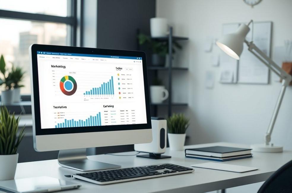 Espaço de trabalho relacionado ao marketing digital mostrando métricas de sucesso.