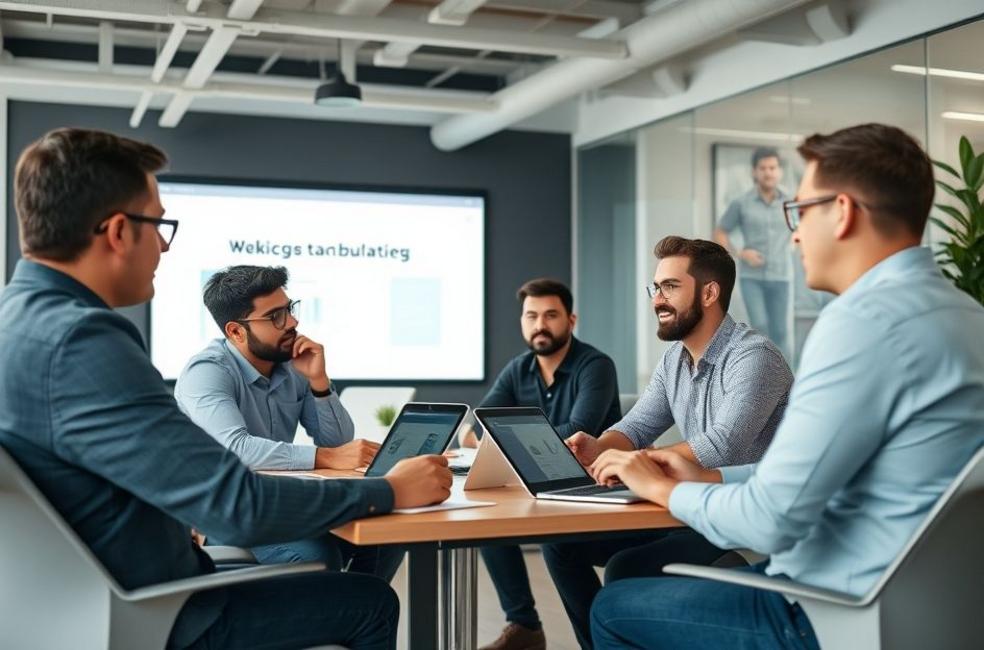 Profissionais de marketing discutindo landing pages em escritório.