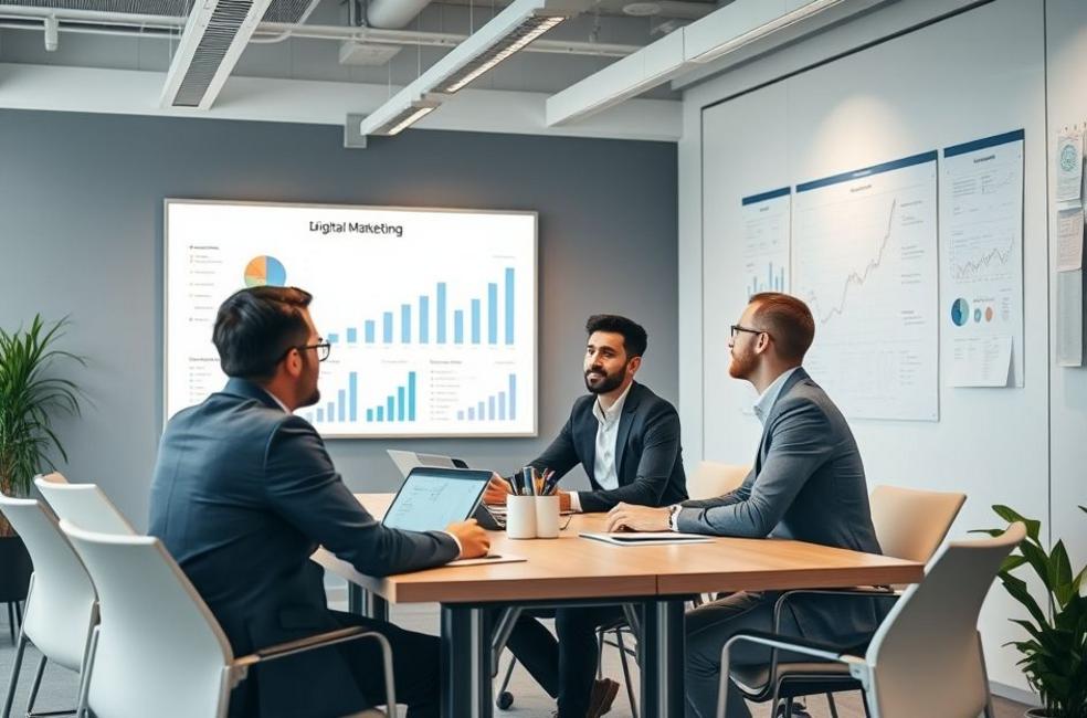 Encontro de negócios sobre estratégias de marketing digital.