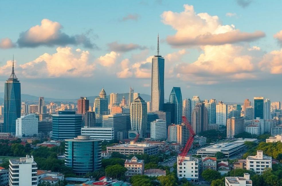 Vista da cidade de Osasco com elementos de marketing digital.