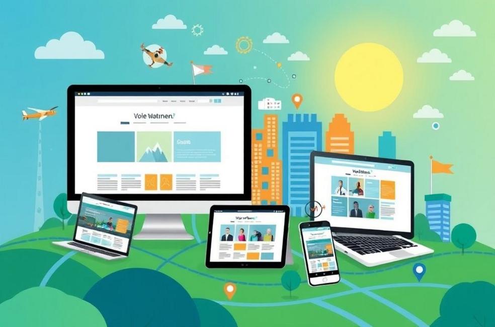 Vibrante paisagem digital com websites em múltiplos dispositivos.