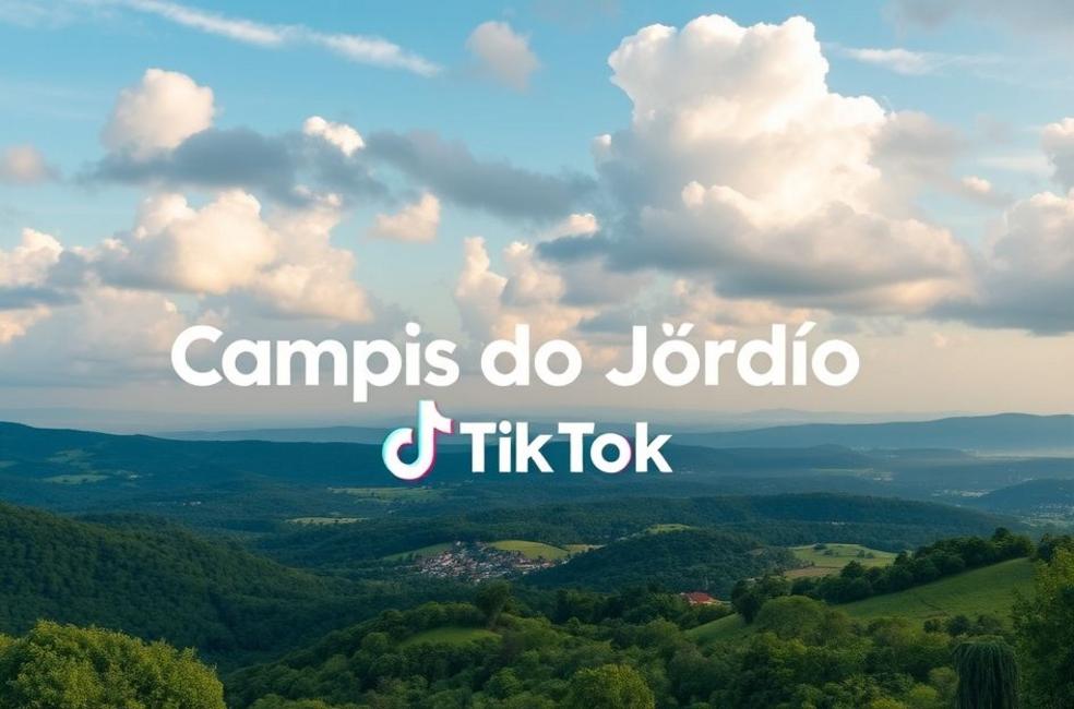 Paisagem de Campos do Jordão com elementos de marketing digital.