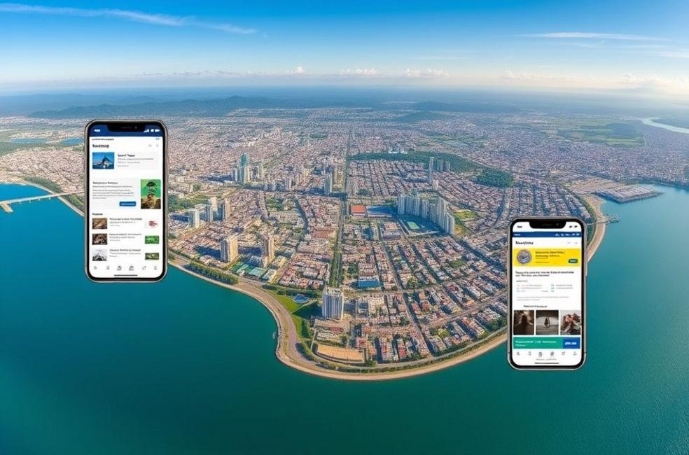 Vista panorâmica de Florianópolis mostrando várias empresas com suas presenças digitais.