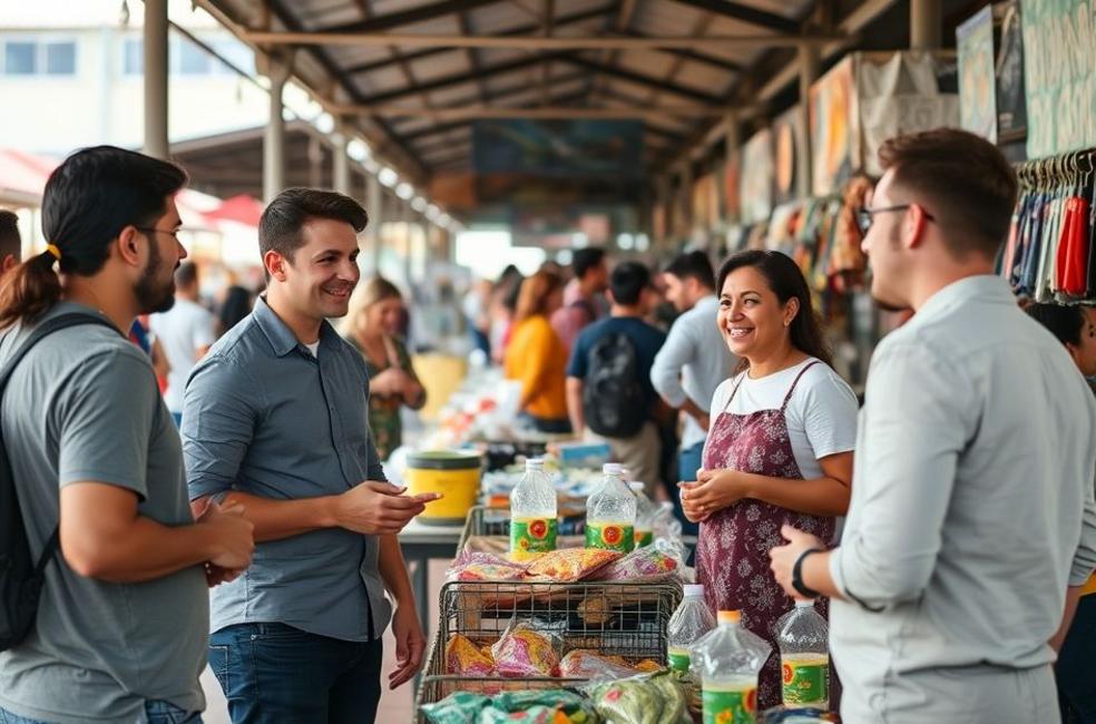 Grupo de pequenos empresários em Piracicaba discutindo estratégias de marketing e websites.