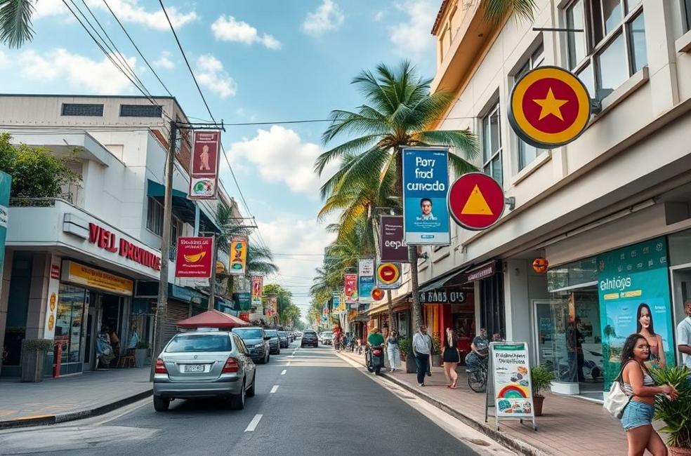Rua de Piracicaba com negócios locais e elementos de marketing digital.