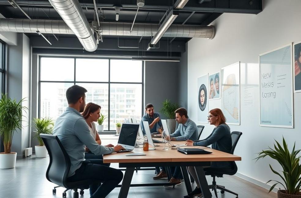 Ambiente de agência de marketing digital em Porto Alegre com equipe desenvolvendo site