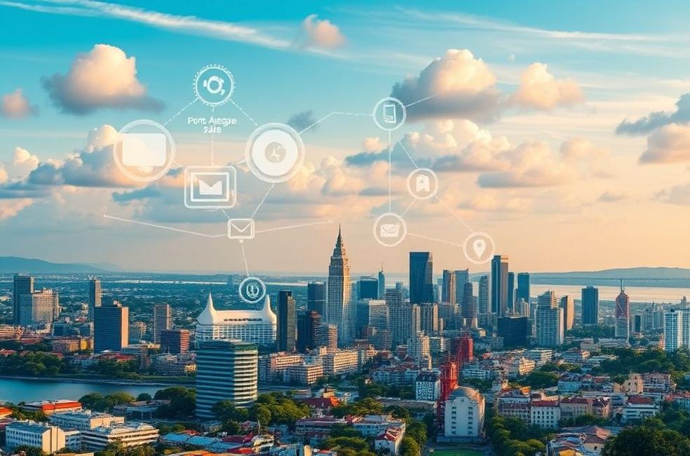 Vista de Porto Alegre com simbolos de marketing digital