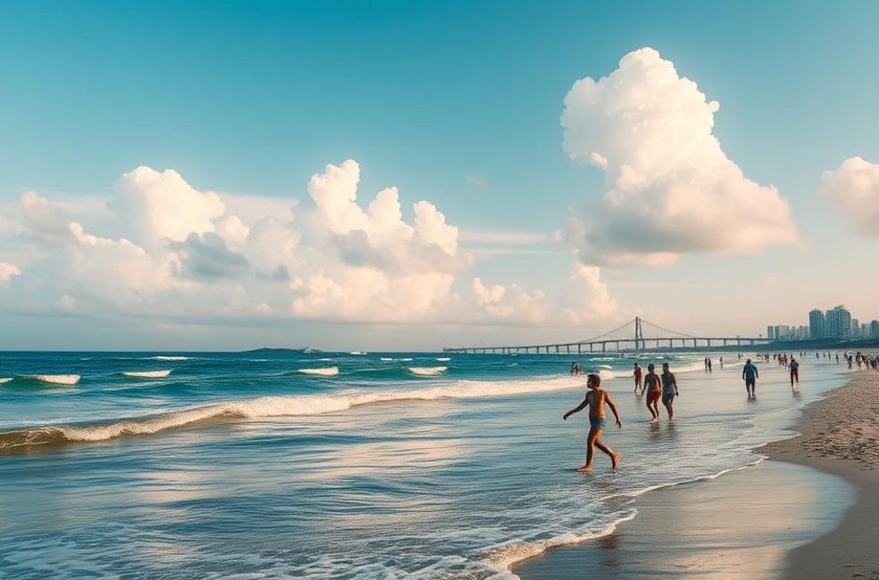 Praia Grande com pessoas aproveitando, simbolizando a conexão entre advogados e a comunidade.
