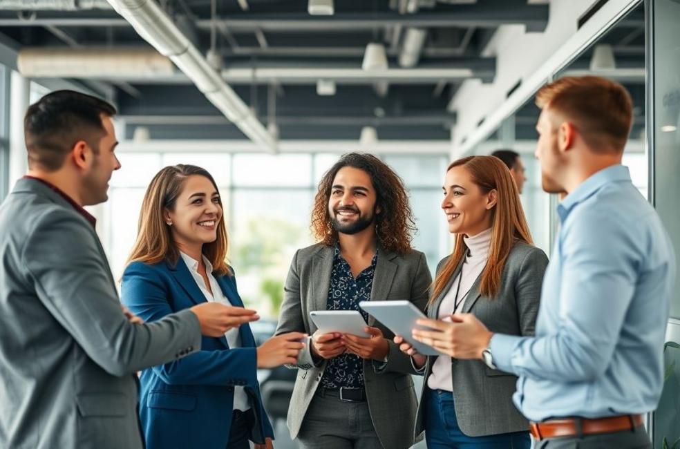 Grupo de empresários conversando sobre estratégias de marketing digital em um ambiente profissional.