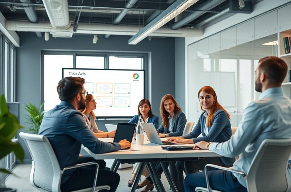 Ambiente de escritório onde profissionais de marketing discutem estratégias para anúncios no Tiktok.