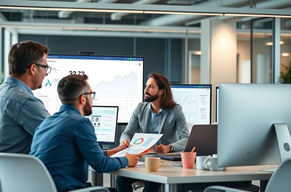 Equipe profissional analisando campanhas do Google Ads em um escritório moderno.