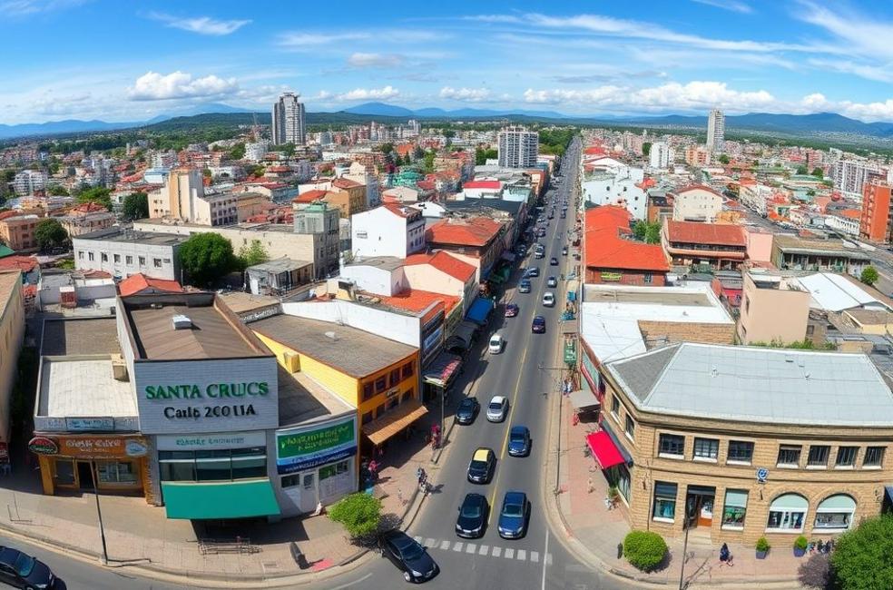 Vista panorâmica do centro de Santa Cruz do Sul com lojas e empresas vibrantes.