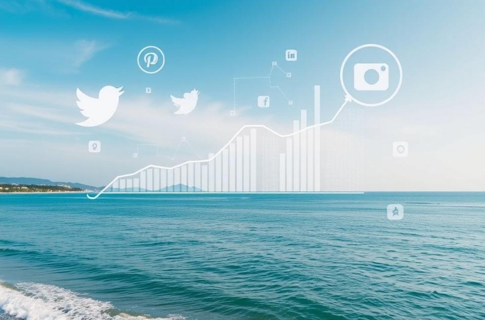 Praia de Santos com elementos digitais simbolizando marketing online.