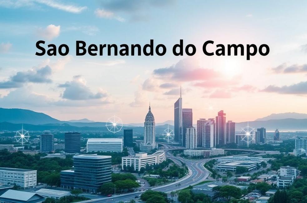 Paisagem moderna de São Bernardo do Campo com elementos digitais simbolizando o crescimento e a inovação nos negócios.