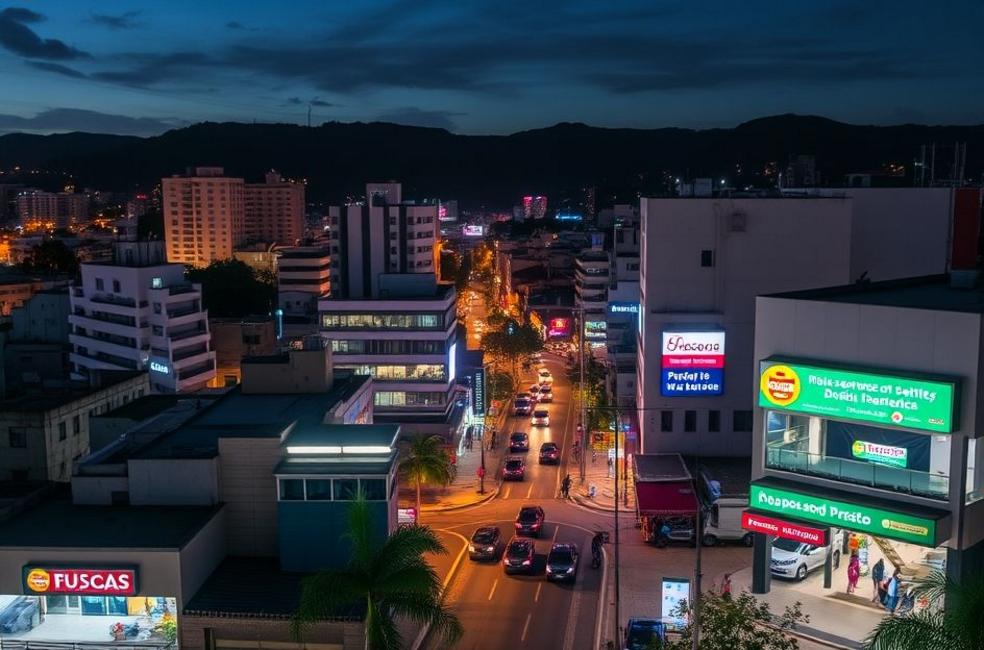 Vista noturna da cidade com ênfase em pequenos negócios.